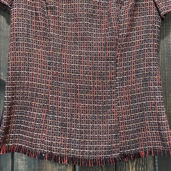41 Tweed Fringe Blouse M Red Black Shimmer Gold Top Zipper Stretch Office Boho - Picture 4 of 12